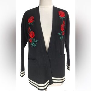 Sandro Paris Black Red Rose Embroidered Runway Cardigan Sweater Medium
